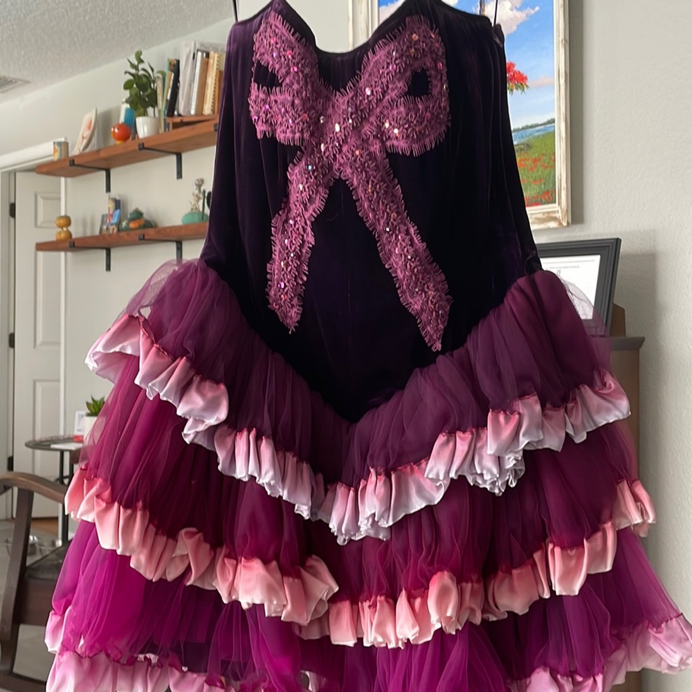 betsey johnson purple bow corset top ruffled bottom chiffon quirky short dress